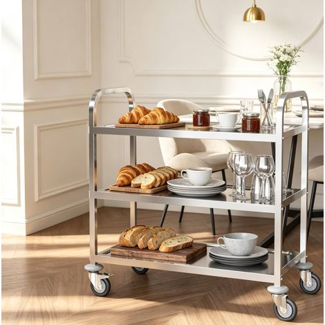 Carrello di servizio a 3 ripiani con ruote, 90,5 x 50,5 x 88,2 cm, acciaio inox cromato HAVRYA (1/5)