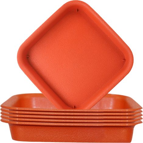 Platillos de plástico PP, macetas robustas para uso interior y exterior, drenaje óptimo, 6 tamaños diferentes (9,8–22,5 cm), 120–720 g, diseño en beige oscuro/rojo. (1/5)