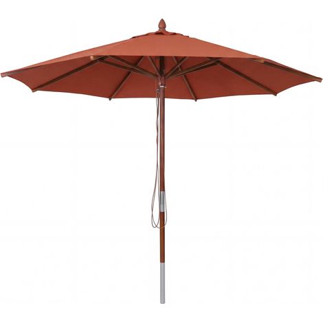 [NEUWERTIG] Gastronomie Holz-Sonnenschirm HHG-487b, Gartenschirm, Polyester/Holz 14kg, rund Ø3m Seilzug stoßsicher terrakotta