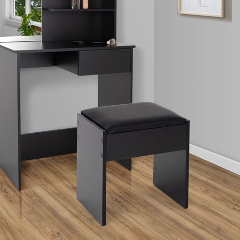ECD Germany Sgabello da trucco nero con cuscino imbottito in finta pelle, 40x43x29,5 cm, pouf elegante per tavolo toeletta o make-up, seduta comoda in legno, ideale per camera da letto (1/4)