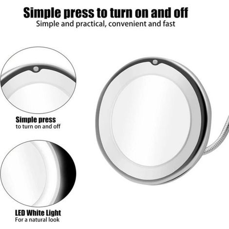 Miroir Maquillage - Col Cygne Flexible - Grossissement X10 - Éclairage LED - Ventouse Pivotante 360° - Forme Ronde - Argent (1/4)