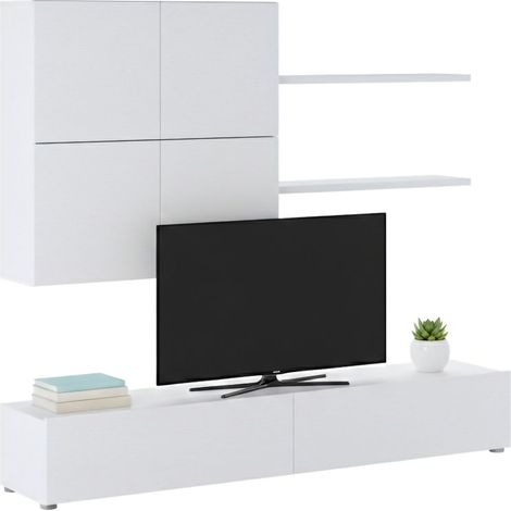 Wohnwand Bagnaria, Modularer Wohnzimmerschrank, 4 Regale, 6 Türen, Weiß