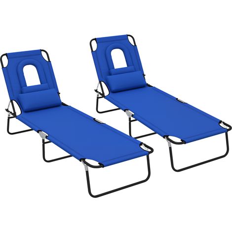 Outsunny Folding Sun Loungers Set of 2 with Face Hole, 4-Position Adjustable Backrest Garden Recliner Chairs Sunbeds, Outdoor Lounge Chairs with 600 D Oxford Cloth Seat, Pillow for Beach, Blue