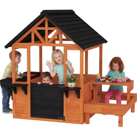 Casetta da gioco in legno per esterni per bambini, con tavolo, panchine, lavandino, porte finestre e supporti per fioriere (marrone)