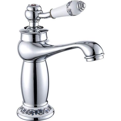 Rubinetto per lavabo vintage europeo, ottone cromato, acqua calda/fredda, miscelatore da cucina con maniglia singola (argento)
