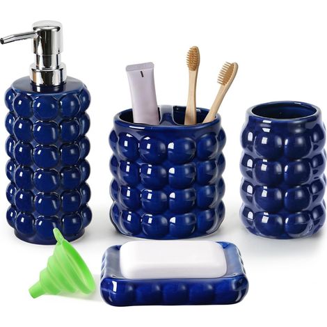 Lot de 4 accessoires de salle de bain en céramique, distributeur de savon, porte-brosse à dents, porte-savon, ensemble d'accessoires de salle de bain avec structure en galets, lavabo moderne, lavabo (1/5)