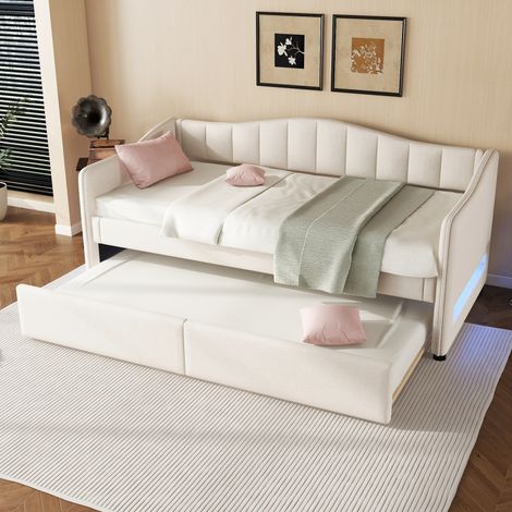 Méridienne, méridienne 90x200cm avec lit gigogne, canapé-lit, lit simple (sans matelas), design lumière ambiante, lin, style minimaliste, beige