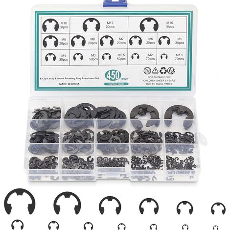 Circlips Interne E-clips, 450 pièces 13 tailles Anneau de Retenue Assortiment avec Boîte de Rangement (1/5)