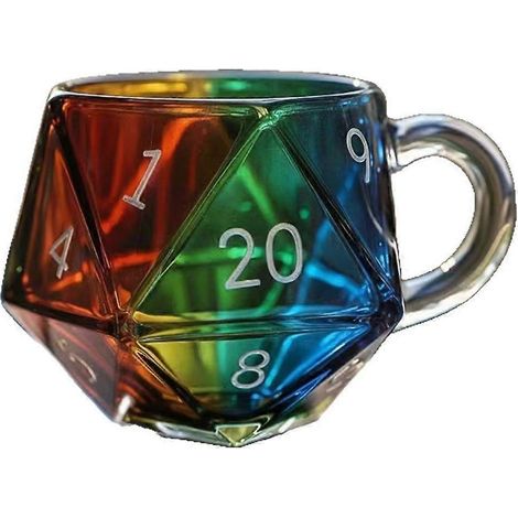 Mug à dés Rainbow D20, mug de jeu en verre polyédrique à 20 faces, mug à café transparent résistant à la chaleur, parfait pour les amateurs de jeux de société. (1/5)