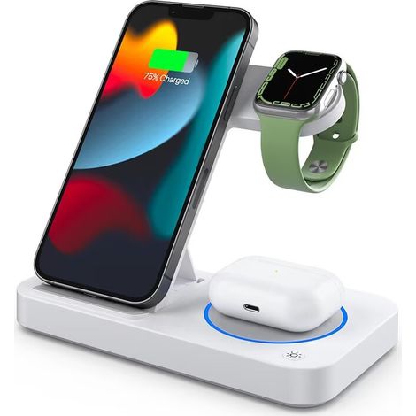 Caricabatterie a induzione wireless 3 in 1, compatibile con iPhone 14, 13, 12, 11, Pro Max/Plus/XR, XS, X e Apple Watch. Stazione di ricarica rapida pieghevole, compatibile con Apple Watch/AirPods.