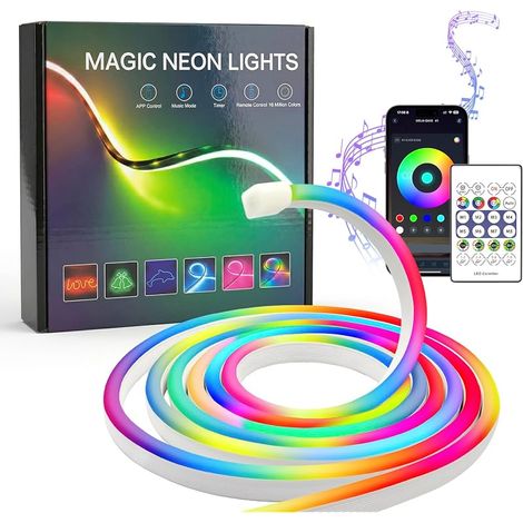 Ruban LED Néon RGB IC, 2m Bande LED USB IP67 étanche avec APP Bluetooth et télécommande IR, Synchronisation Musicale, bande lumineuse en silicone flexible, couleur magique pour salon, chambre (1/5)