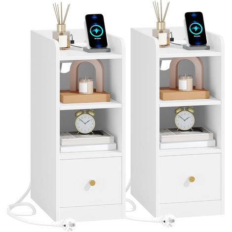 Table de chevet lot de 2 – Avec multiprise, ports USB et type C – Design incurvé, tiroir, dimensions 38x24x60 cm (1/5)