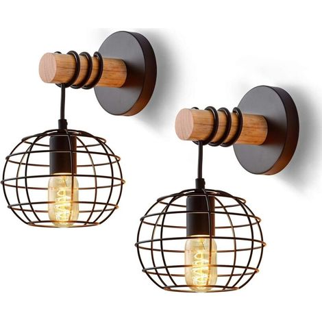 Lot de 2 appliques murales vintage d'intérieur, lampes rondes rétro industrielles noires en fer et bois, douille E27, idéales pour un escalier, un couloir, un café, un bar, un restaurant, un hôtel, un (1/5)