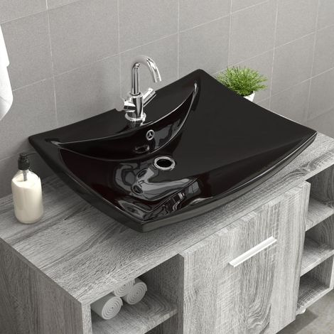 Vasque rectangulaire luxueuse en céramique noire, avec trop-plein et trou de robinetterie.