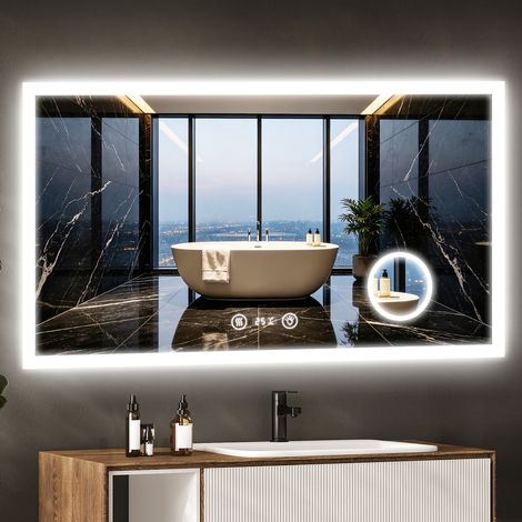 Specchio da bagno illuminato 100x60 cm LED tricolore Specchio rettangolare in vetro per WC Resistente all'umidità e antiappannamento (1/5)