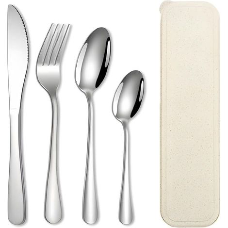 Ensemble de couverts avec couteau, fourchette et cuillère, en acier inoxydable poli miroir, compatible lave-vaisselle (1/4)