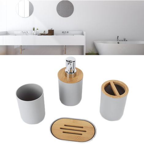 Ensemble de salle de bain d'hôtel 4 pièces, ensemble de salle de bain nordique en bambou, articles de toilette en bambou, brosse à dents en plastique, gris. (1/5)