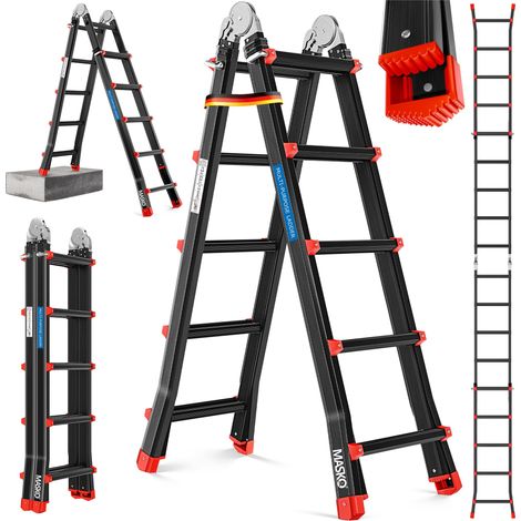 MASKO® Aluleiter Mehrzweckleiter 5  10m 4x5 Sprossen Teleskopleiter   Multifunktionsleiter  Aluleiter  Klappleiter  Anlegeleiter  Bockleiter   5.10m / 4x5 Sprossen Black/Rot