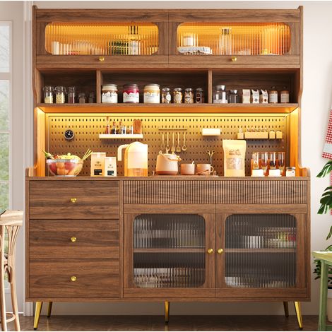 Buffet haut 144,9 x 39 x 171 cm MDF verre métal noyer, éclairage LED avec application - CHICFURN (1/5)