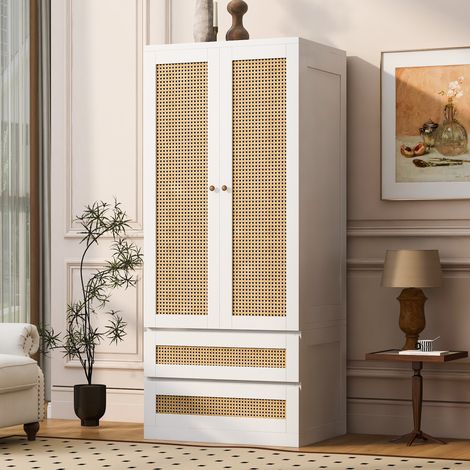 MEUBLIV Armoire 70x55x170 cm blanche – 2 portes, 2 tiroirs et portes effet rotin (1/5)