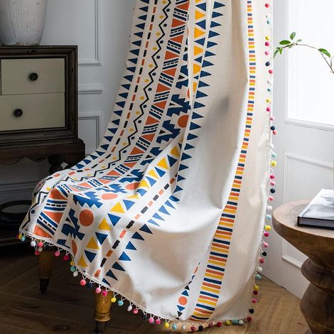 JSSEVN - 1 Panel Bohemian Style Printed Cotton Curtains Semi-Black (Size: 150xH220cm (59x87inch)) (1/5)