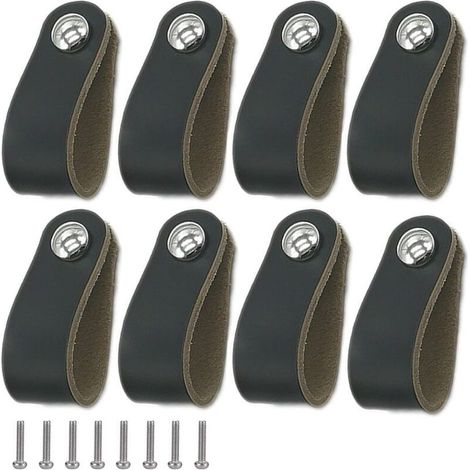 8 Pièces Poignee Cuir, Cabinet Poignée en Cuir Noir, Poignée en Cuir Avec Vis, Poignée de Porte en Cuir PU Souple, Facile à Installer, Convient à Toutes Sortes de Portes et Tiroirs d'Armoires (1/5)