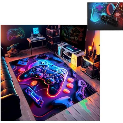 Tapis Chambre Ado Gamer 3D Tapis Sol Gaming Deco Chambre Antidérapant Ciel étoilé Néon Coloré Graffiti Console De Jeu 100x150cm (1/5)