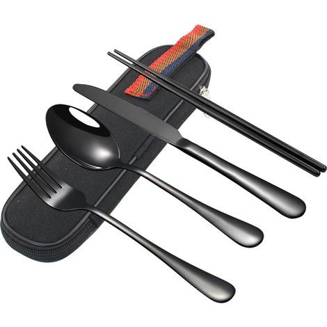 Set mit 4 tragbaren Reisebesteckteilen aus Edelstahl mit Etui, wiederverwendbar für Camping/Arbeit/Lunchboxen, schwarz. (1/5)
