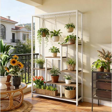 Estantería para plantas de 5 niveles, 7 estantes amplios, 6 ganchos en S, metal y madera, beige y blanco (1/5)