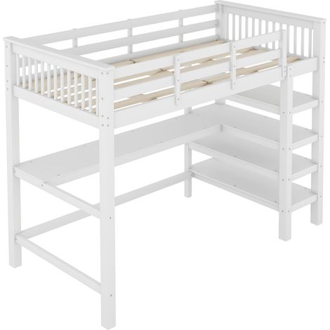Hochbett 90×200 cm, Einzelbett mit Schreibtisch und Regalfächern, ohne Matratze, Holz und MDF, Weiß (1/5)