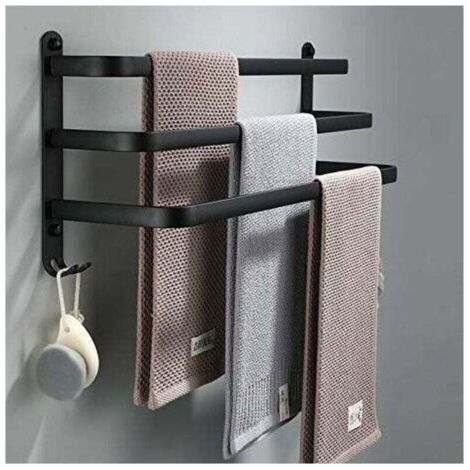 Toallero negro para baño - Barras adhesivas para toallas de pared - Impermeable con gancho (50 cm, tres barras) (1/4)