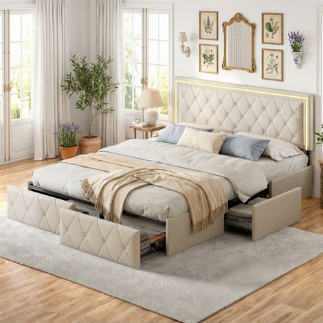 Lit double 160x200 avec LED, tête de lit capitonnée et 4 tiroirs, sommier à lattes inclus, simili cuir beige, design moderne pour chambre (1/5)