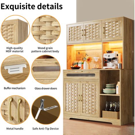 Armoire haute 120x40x180cm pour salon, buffet de cuisine et salle à manger avec tiroirs, portes en MDF tissé, meuble de rangement avec éclairage LED, vitrine autoportante pour cuisine, salon, salle à  (1/5)