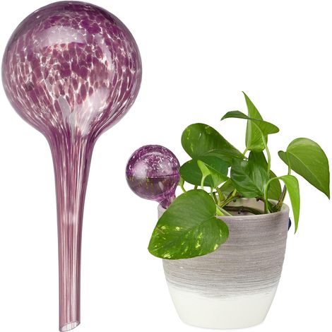 Lot de 2 Globes d'arrosage, Verre, Ø 6 cm, Tige 9 cm, Noir et Mauve, Plantes Intérieures (1/5)