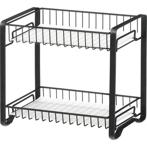 Étagère à épices, Étagère de rangement cuisine en métal à 2 niveaux, Porte-épices avec planches en plastique, pieds antidérapants, pour cuisine, salle de bain, Noir (1/5)