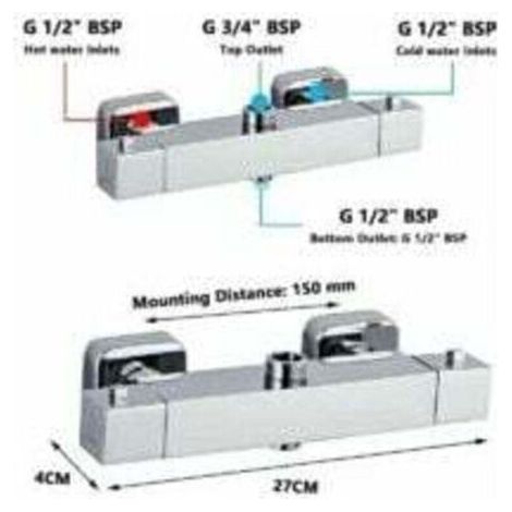 Mitigeur thermostatique de douche carré en laiton chromé – Sorties 3/4 et 1/2 – Température stable jusqu'à 50℃ – Installation murale (1/4)
