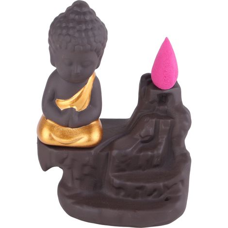 Brûleur d'encens à reflux Monk, porte-encens cascade de sable violet relaxant et confortable avec 30 bâtonnets d'encens pour le yoga et le bureau, jaune doré