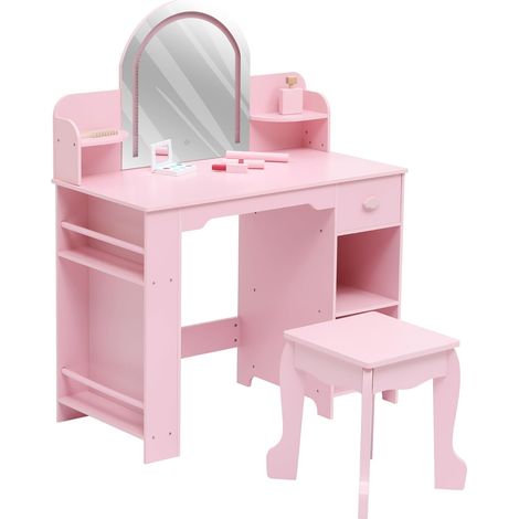 Coiffeuse pour Enfant avec Tabouret Et Miroir LED, Petite Table De Maquillage avec Tiroir Et 1 Compartiments Ouverts, pour Fille De 3-6 Ans, Rose (1/5)