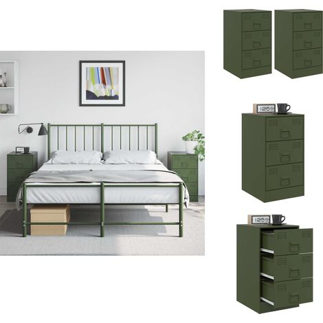 Tables de chevet 2 pcs vert olive 34,5x39x62 cm acier - Table De Chevet - Meuble De Chambre - Commode - Tiroir - Design Moderne (1/5)