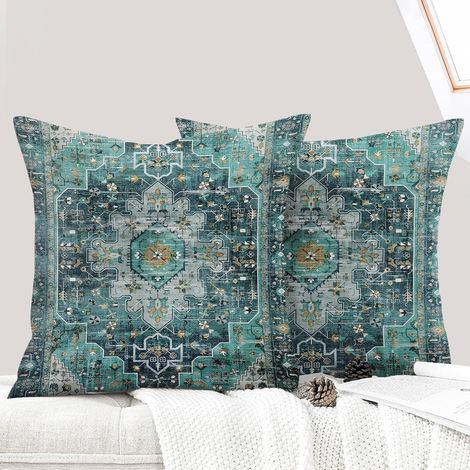 JSSEVN - Set of 2 Decorative Cushion Covers 50x50 cm Boho Ethnic Vintage Sofa Pillowcases Soft Pillowcases for Home Living Room Bohemian Art Deco Sofa - Cyan (1/5)