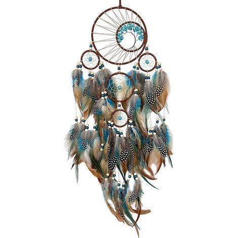 Attrape-rêves plumes bleues et brunes longueur 62 cm décoration murale ethnique chambre déco cadeau original (1/5)