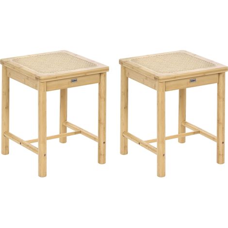 Set of 2 Stools Light Brown Bamboo Wood PE Rattan Woven Seat Boho Style Kitchen Dining Room EVIRES