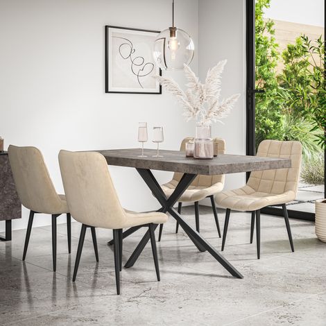 Donni Dining Table And Chairs - Grey Table Top w Black Legs + Nova Velvet Dining Chair Set Of 6 (Beige) (1/5)