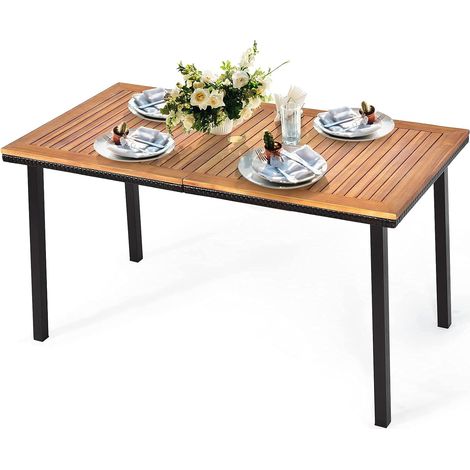 COSTWAY Tavolo da Giardino in Legno di Acacia, Tavolo Rettangolare con Struttura in Acciaio e Foro per Ombrellone, Ideale per Giardino Cortile Balcone, 140 x 75 x 76 cm
