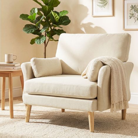 Fauteuil rembourré en velours, grand fauteuil d'appoint avec pieds en bois, fauteuil de lecture pour salon et chambre, blanc crème (1/5)
