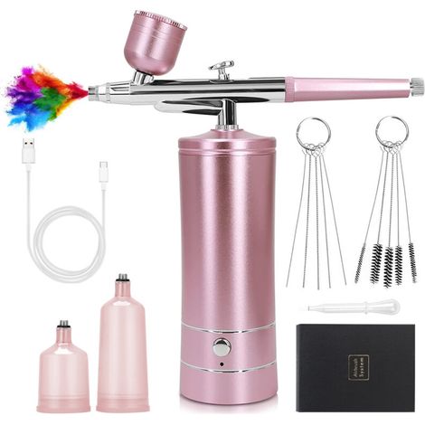 (Rose Gold) Cordless Airbrush Kit with Compressor, Portable Mini Airbrush, Rechargeable Nail Airbrush, Model Painting