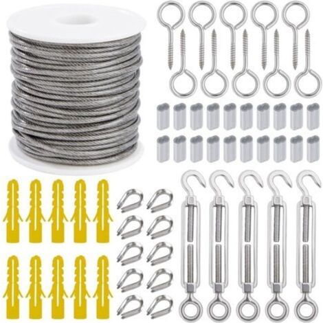 Pr Câble Métallique Suspendre Kit 2mm Corde en Acier Inoxydable 30m avec Tendeur Vis à œillet Manchons en Aluminium Cosse Coeur 56 Pièces (1/5)