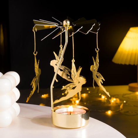 Photophore Carrousel Doré Rotatif avec Fée Fantaisie pour Décoration de Table, Bougie Chauffe-Plat en Métal, Bougeoir pour Noël, Saint-Valentin, Mariage (1/5)