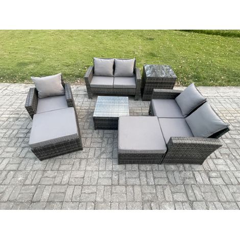 Fimous 7 Seater Outdoor Rattan Garden Furniture Set Conservatory Patio Sofa Coffee Table Set with Chair Side Table 2 Big Footstool Dark Grey Mixed (1/5)