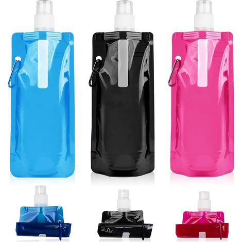 3-teiliges Set faltbarer Wasserflaschen, tragbare, wiederverwendbare Wasserbeutel aus Kunststoff (480 ml), flexible, faltbare Wasserflaschen für Wandern, Abenteuer, Reisen, Camping und Radfahren (1/5)